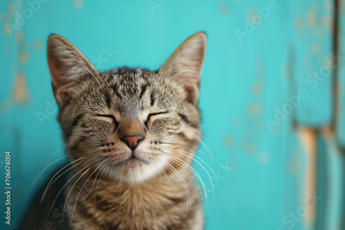 Cat smiling with happy expression and closed eyes on color background © thejokercze