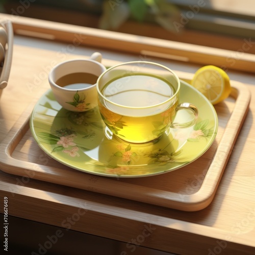 a cup of green tea with a tray full of tea in it