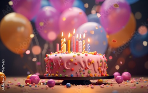 a birthday cake with candles topped with balloons and some candles