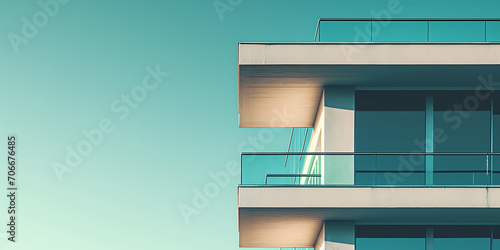Uma fotografia destacando as linhas limpas e o design funcional de um edifício inspirado na Bauhaus, enfatizando a integração de arte, artesanato e tecnologia. photo
