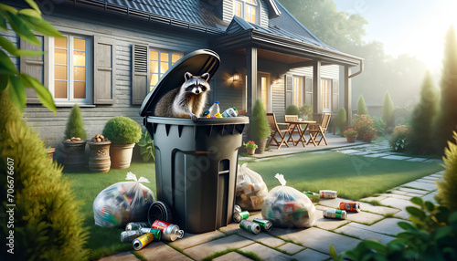 A raccoon in the garbage can in the yard of the house scatters everything around and creates a mess. Raccoon searching for food in trash can. Racoon finding leftovers in fallen waste bin. photo