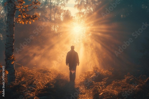 artistic photography of a man walking towards the sun photo