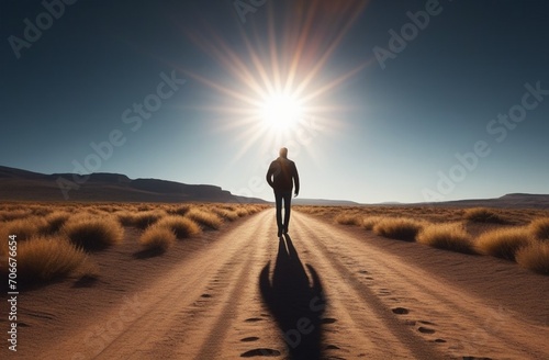 artistic photography of a man walking towards the sun