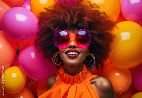 a happy beautiful young woman with big afro has fun with balloons