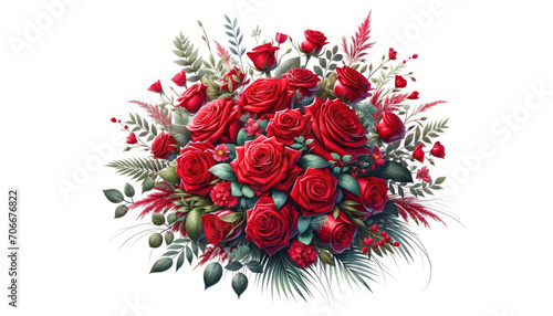 Bouquet of red roses and assorted flowers ont a white background. Generative ai. photo