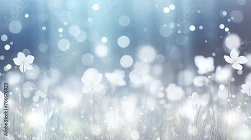 Spring snowdrops on blue background. First spring blooming Delicate Snowdrop flowers. Illustration for postcard, template, card. Copy Space. International happy womens day, 8 March, Mothers concept..