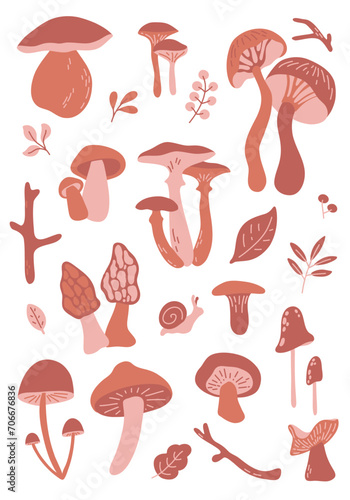 Vector big poster with edible and inedible mushrooms, leaves, snail, branch in brown colors. Autumn forest stickers.