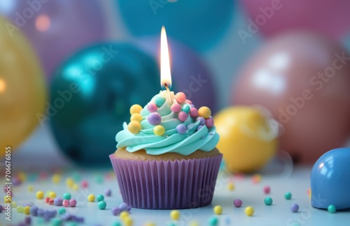 a cupcake with a birthday candle and other toys
