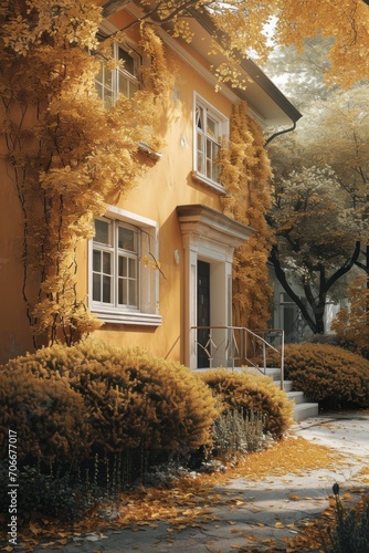 a free house with bushes in the front of it