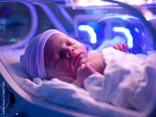 A newborn baby undergoes phototherapy for jaundice, cradled safely in the blue glow of a neonatal care unit