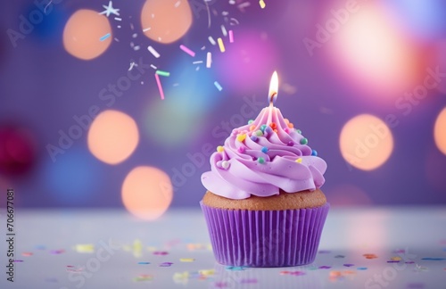 a cupcake with a lone candle sitting by a table with some colorful balloons