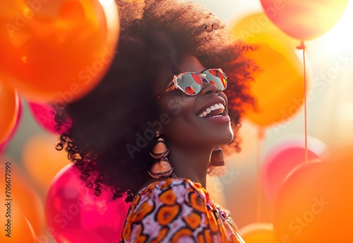 a happy beautiful young woman with big afro has fun with balloons