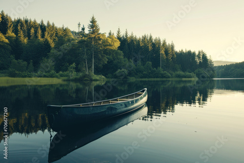a canoe is floating in a lake near trees © olegganko