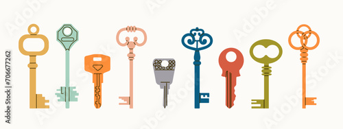 Keys vector set isolated on white background. Hand drawn colored Vector Keys. Various vintage, antique and modern Keys with ornate heads. 