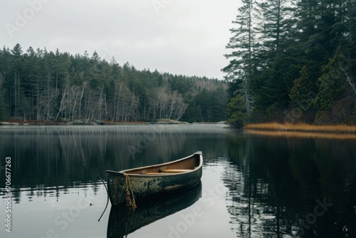 a canoe is floating in a lake near trees
