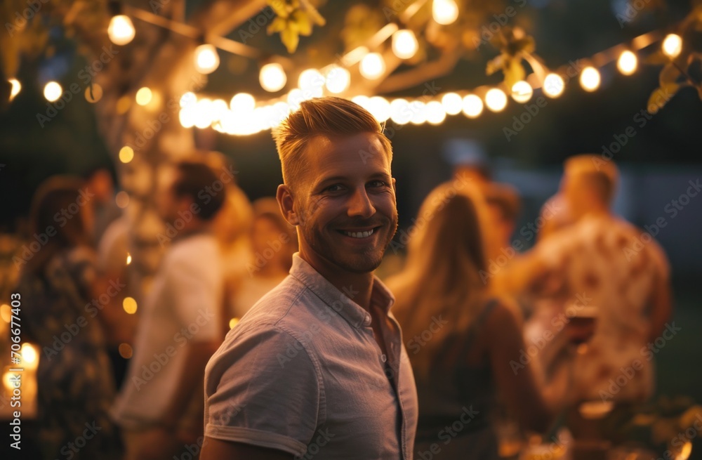 Fototapeta premium a man standing outdoors with a group of people at a party