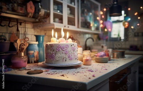 a birthday cake is lit up on top of a kitchen counter