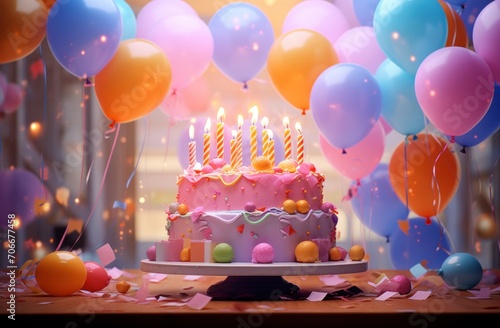 a birthday cake at the front of a room with balloons