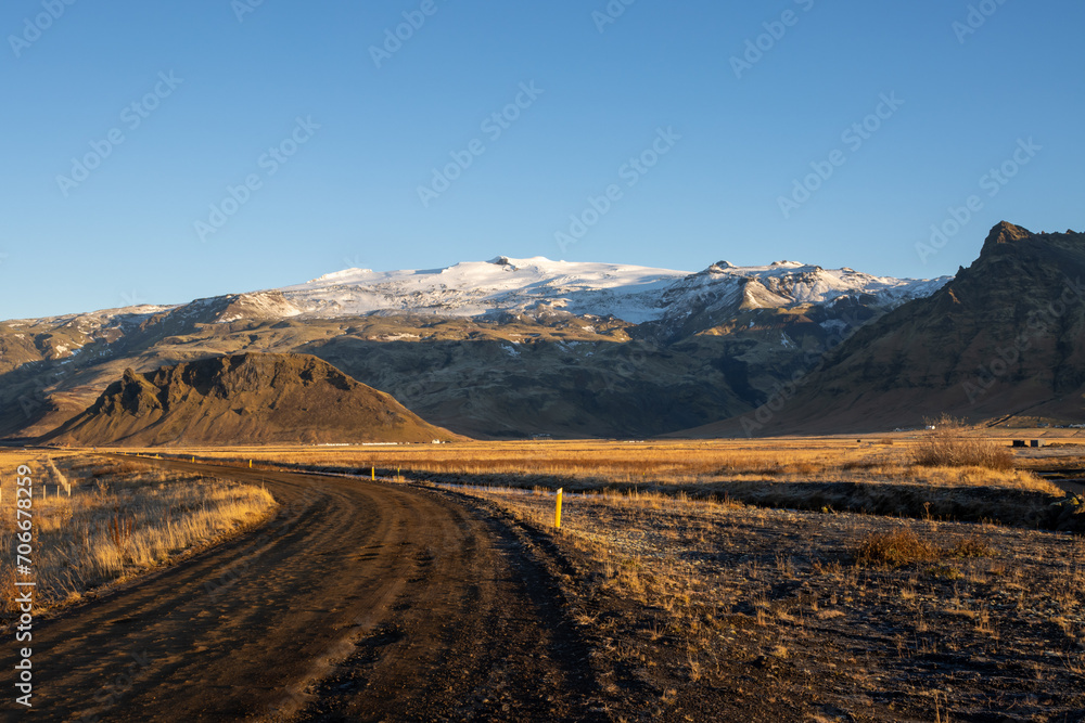 Autumn country and glacier, south Iceland