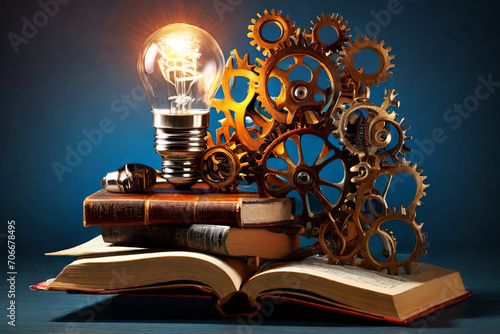 Innovative knowledge power. Cogs, books, and a light bulb symbolize education's impact. Perfect for learning, progress, and tech concepts.