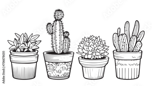 Set of cacti in pots sketch hand drawn Vector illustration