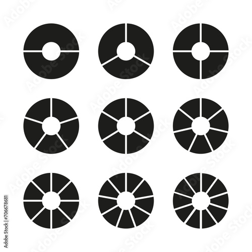 Circles division on 2, 3, 4, 5, 6, 7, 8, 9, 10 equal parts. Wheel divided diagrams with two, three, four, five, six, seven, eight, nine, ten segments. Set of infographics template. Coaching blank. Eps