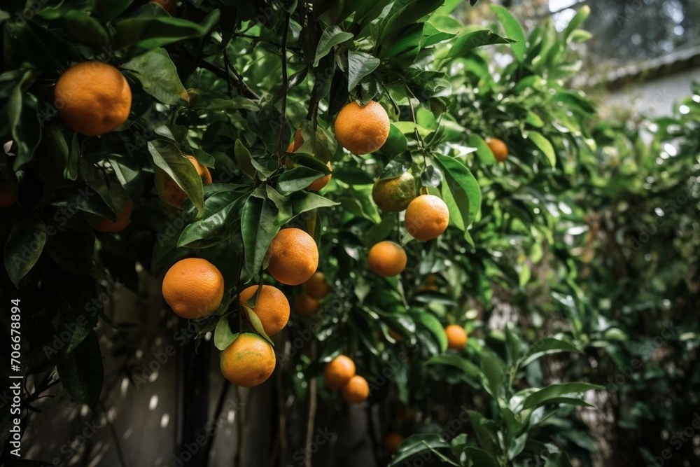 Citrus fruit hanging from branches. Generative AI
