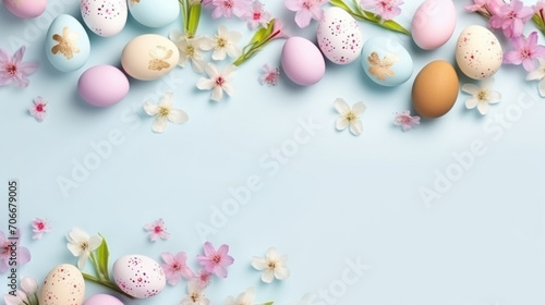 Easter frame of pastel eggs and spring blossom flowers on blue background. Religion tradition pattern. View from above. Flat lay. Greeting card. Copy space.