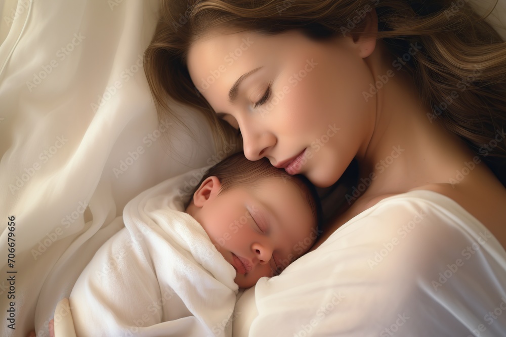 Young mother and her newborn baby sleeping on the bed Young mother and her newborn baby sleeping on the bed