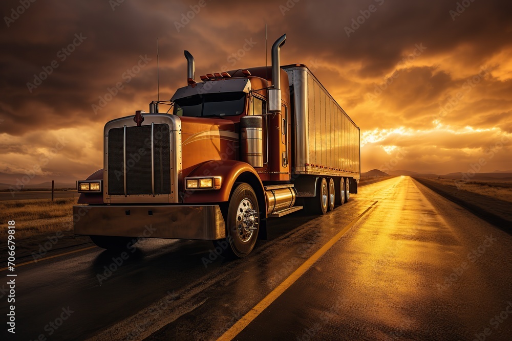 Semi truck with trailer on the road and sunset sky