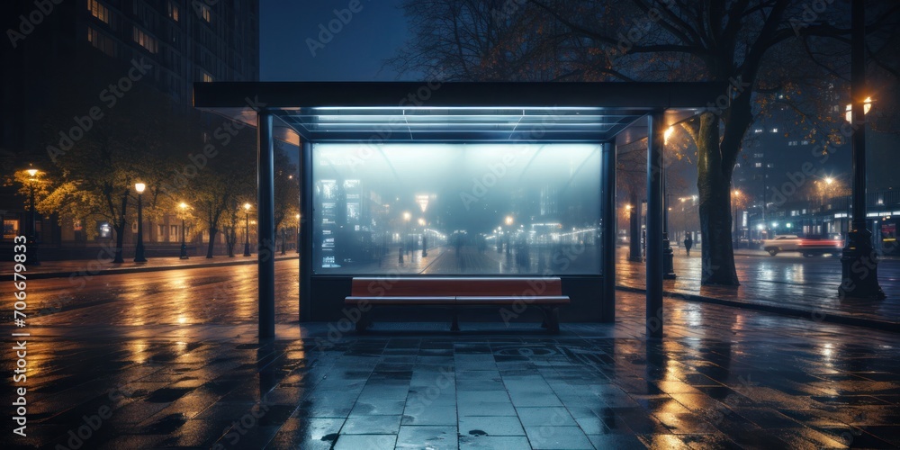 Nighttime Bus Stop on City Street Generative AI Nighttime Bus Stop on City Street Generative AI