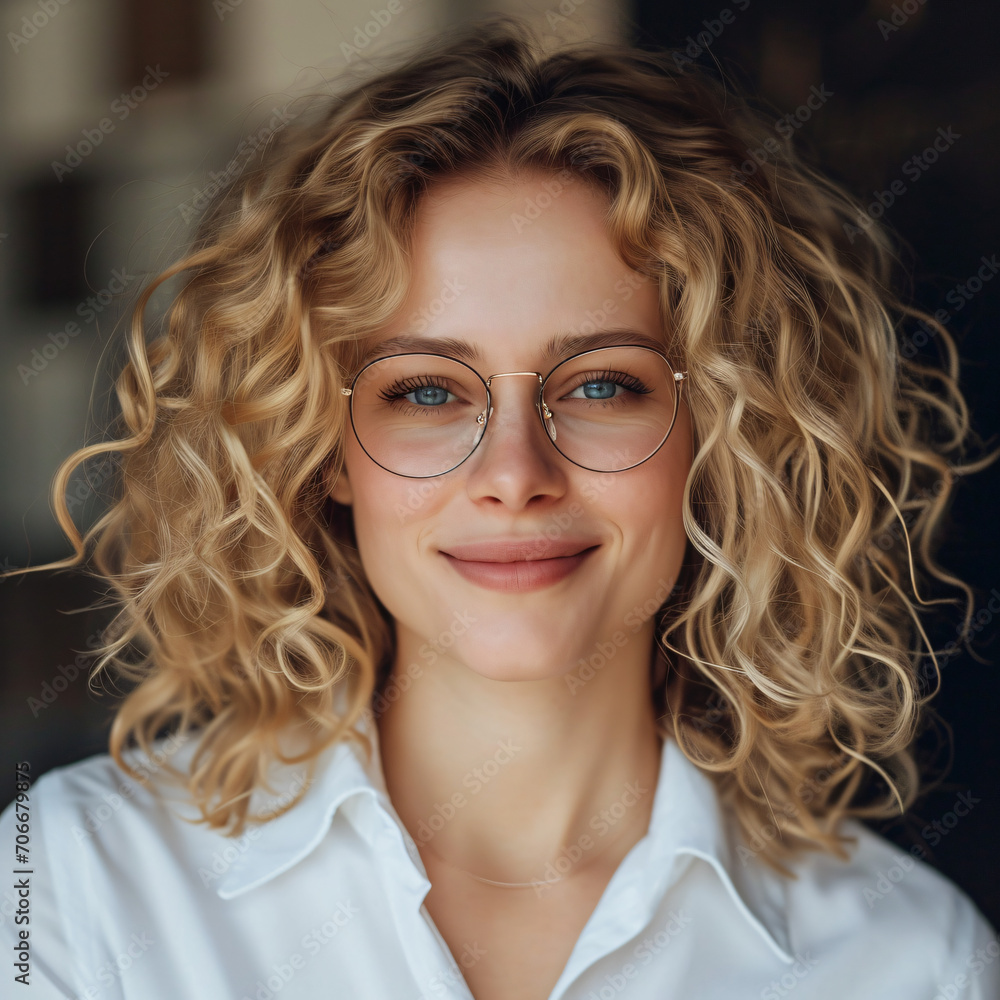 Radiant Elegance: Portrait of a Blonde Woman with Cascading Curls and a Captivating Smile - A Stunning Glimpse of Graceful Beauty and Model-like Charisma - Generative AI