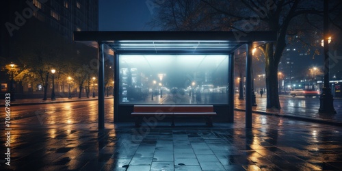 Nighttime Bus Stop on City Street Generative AI