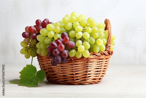 Ripe red and green grapes in basket on wooden table