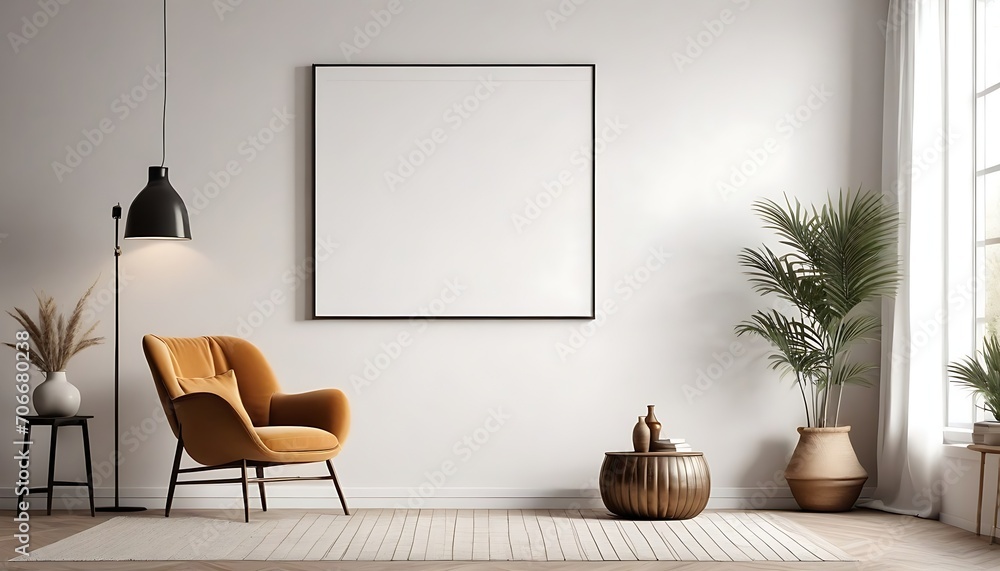 Obraz premium Canvas mockup in minimalist interior background with armchair and rustic decor, 3d render