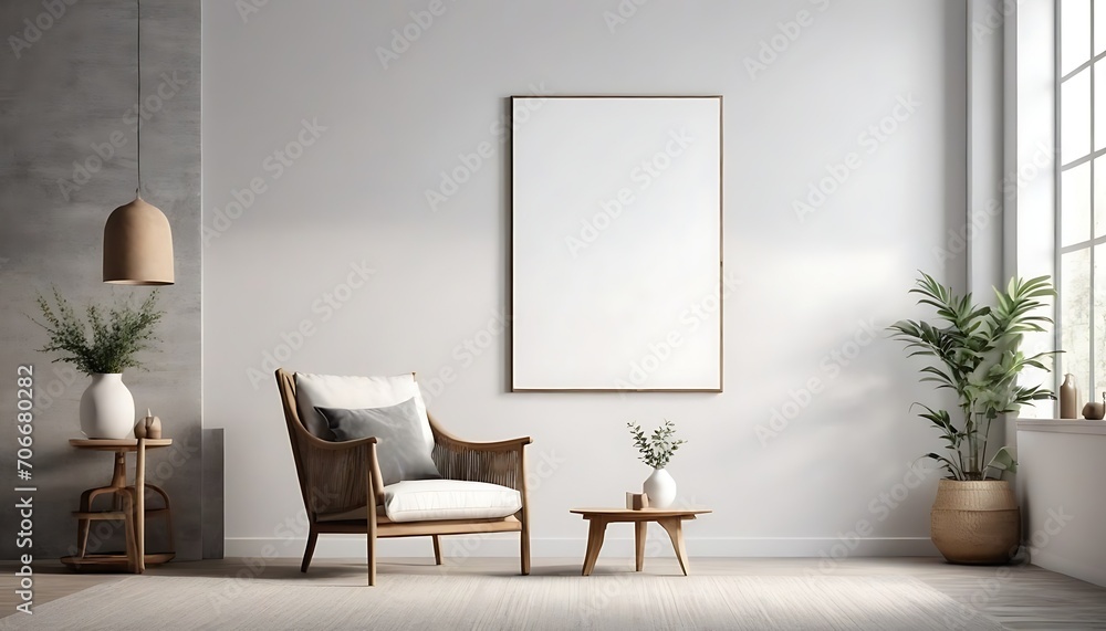 Canvas mockup in minimalist interior background with armchair and rustic decor, 3d render Canvas mockup in minimalist interior background with armchair and rustic decor, 3d render