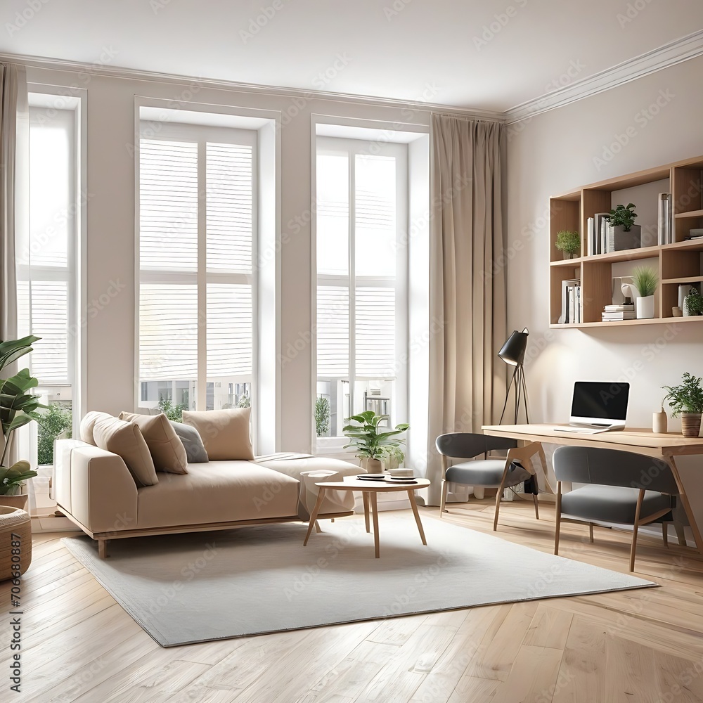 Fototapeta premium open space apartment interior with beige sofa next to the window and desktop computer o a wooden desk