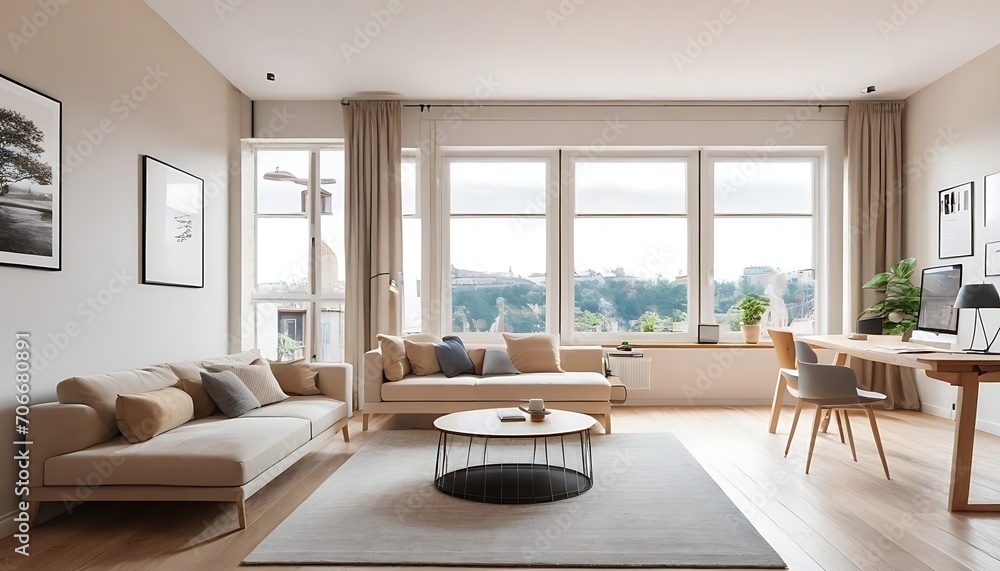 Fototapeta premium open space apartment interior with beige sofa next to the window and desktop computer o a wooden desk