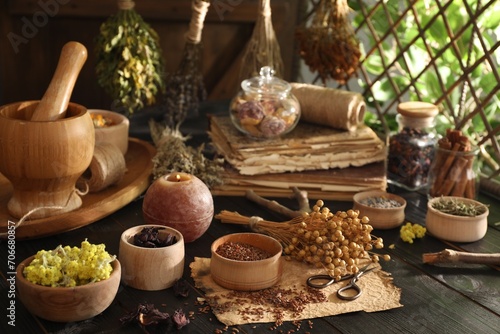 Different dry herbs, flowers, burning candle and scissors on black wooden table indoors