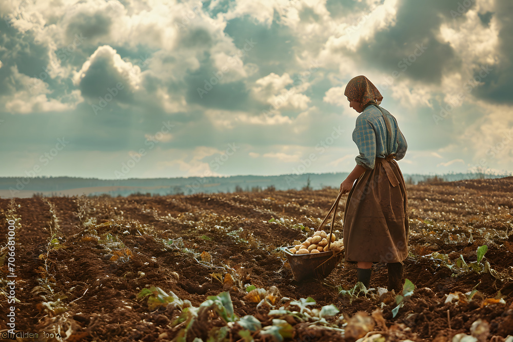 Fototapeta premium Woman working on potatoe field, woman on field, working at a farm, harvesting potato