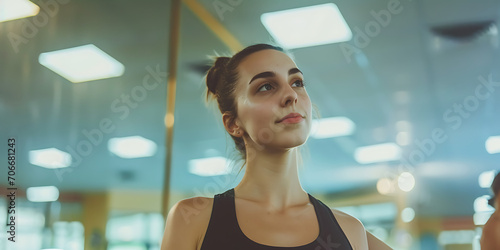Um retrato de uma bailarina em um momento de reflexão, cercada por espelhos em um estúdio de dança, destacando a graça e força inerentes à arte da dança.