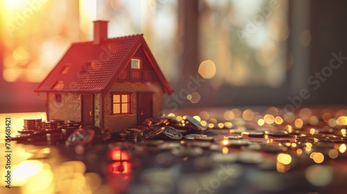 a small house and a pile of coins on a desk