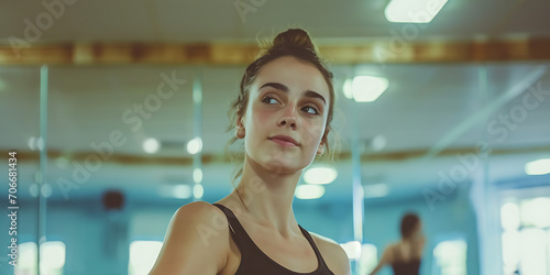 Um retrato de uma bailarina em um momento de reflexão, cercada por espelhos em um estúdio de dança, destacando a graça e força inerentes à arte da dança.