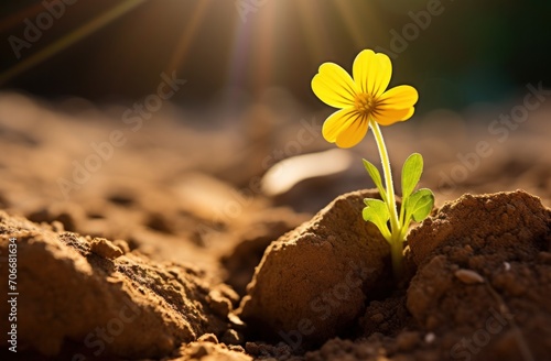 a small yellow flower that is growing in the dirt