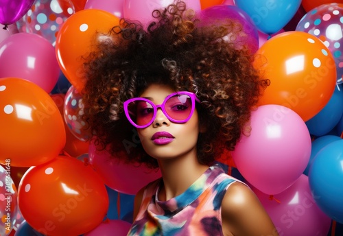 afrohaired girl with glasses and balloons