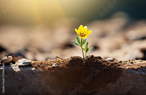 a small yellow flower that is growing in the dirt