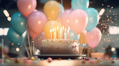 birthday cake with candles and balloons on a table in an office