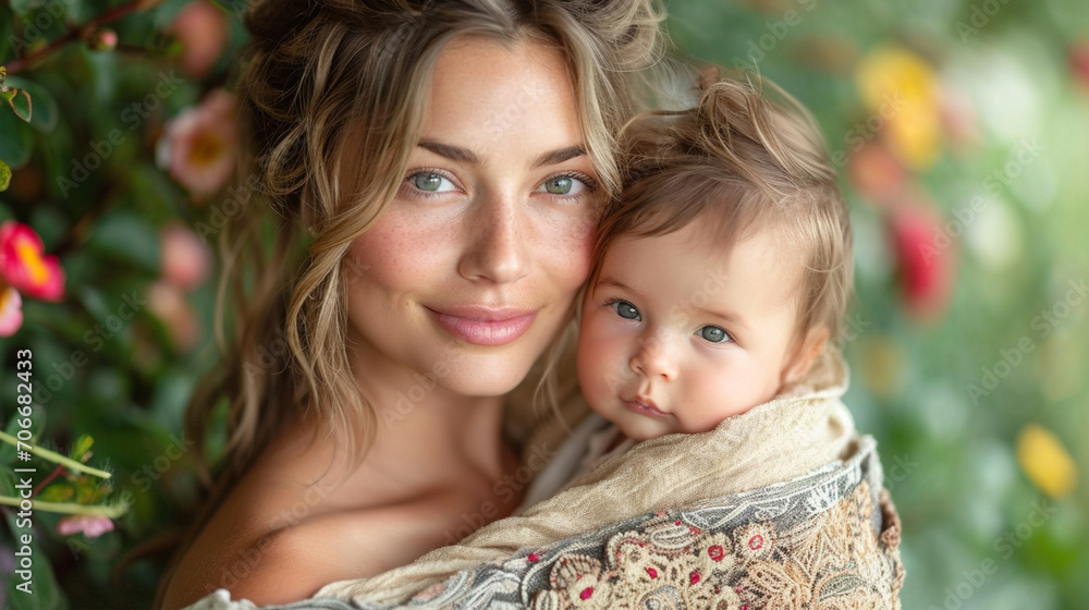 A picturesque outdoor setting with a radiant woman gently holding her baby in a rustic baby sling, surrounded by blooming flowers and lush greenery, creating a timeless mother-chil A picturesque outdoor setting with a radiant woman gently holding her baby in a rustic baby sling, surrounded by blooming flowers and lush greenery, creating a timeless mother-chil