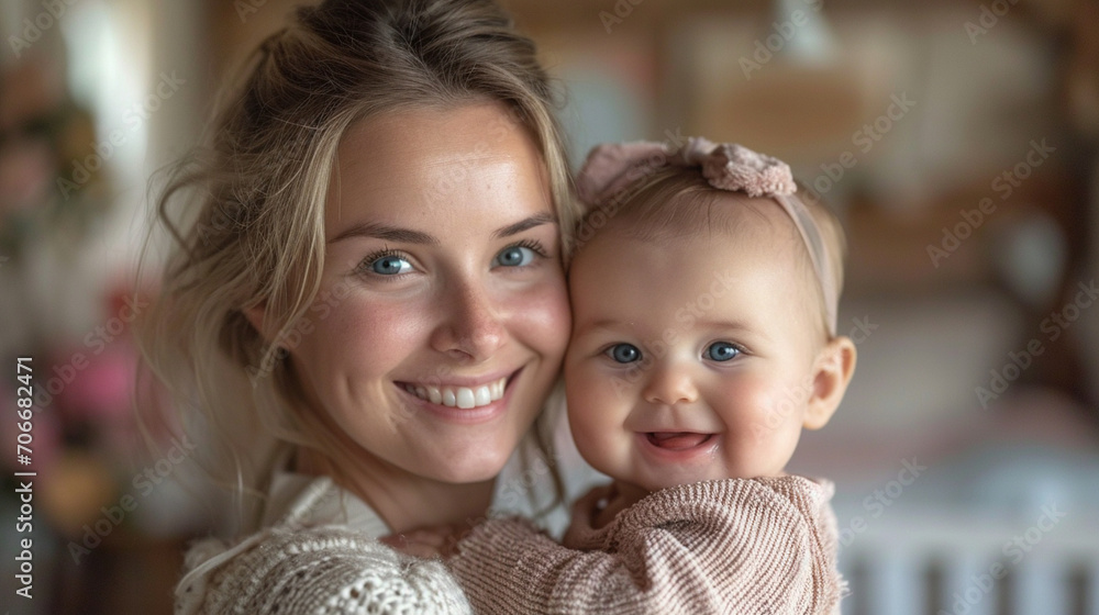 Obraz premium A captivating moment as a beautiful mother with flowing hair tenderly cradles her giggling baby, the sheer joy and innocence captured in their smiles in a lovingly decorated nurser