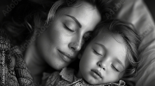 An intimate black and white photograph capturing the serene connection between a beautiful mother and her sleeping baby, with soft natural light highlighting their delicate feature